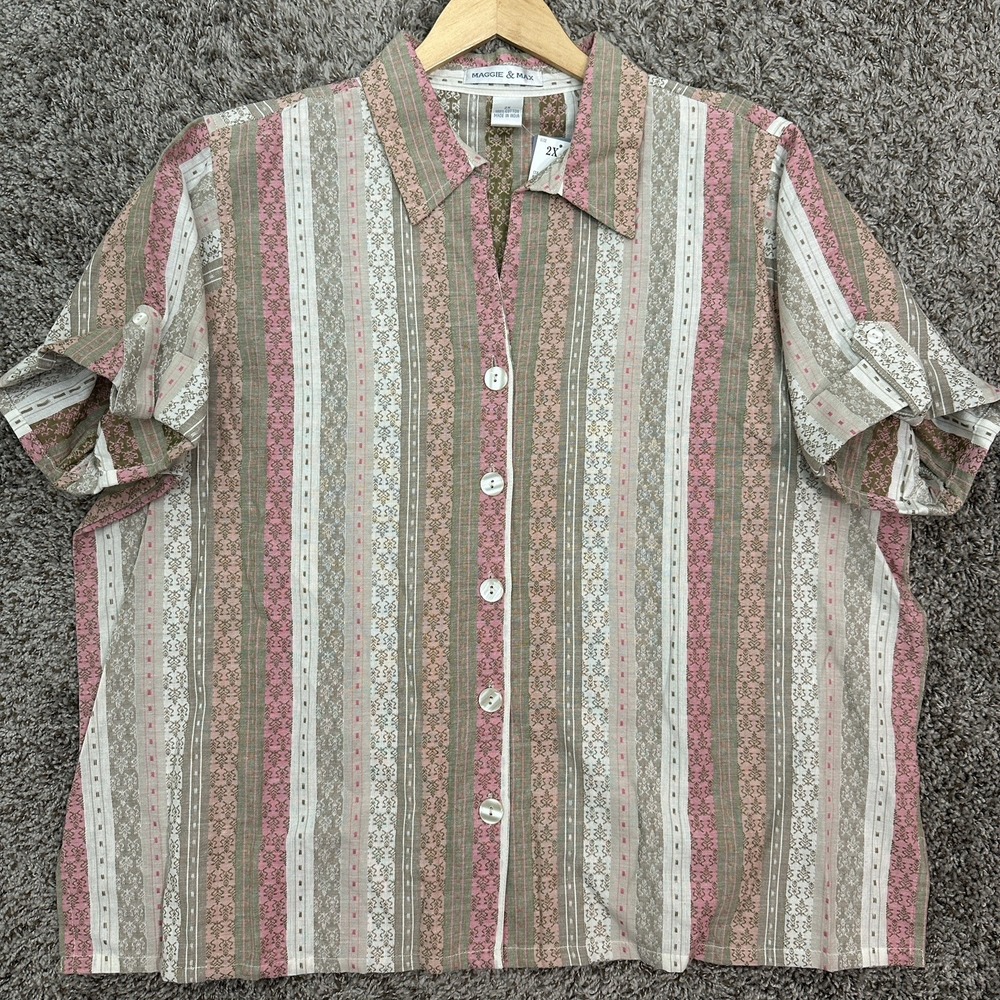 Maggie & Max Woman Plus 2X‎ Button Up Shirt Striped Cuff Sleeve Neutral Relaxed